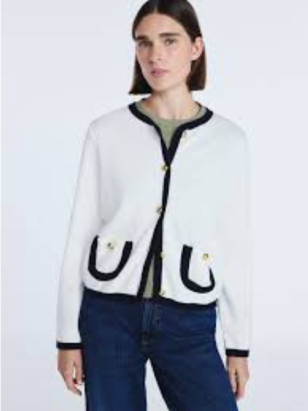 White Cardigan with Black Trim and Gold Buttons